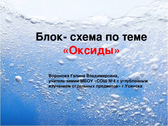 Блок- схема по теме «Оксиды» Воронова Галина Владимировна, учитель химии МБОУ «СОШ №4 с углубленным изучением отдельных предметов» г.Усинска 