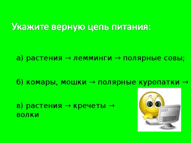 а) растения → лемминги → полярные совы; б) комары, мошки → полярные куропатки → песцы; в) растения → кречеты → волки 