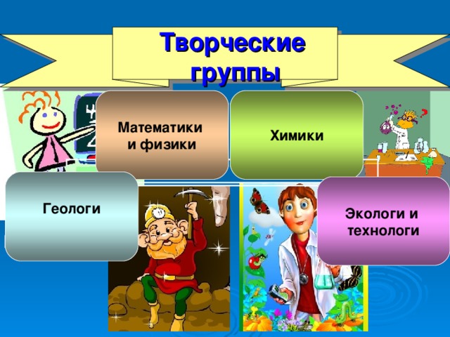 Творческие  группы Математики и физики Химики Геологи  Экологи и технологи 