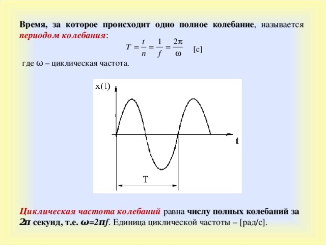 Время, за которое происходит одно полное колебание , называется периодом колебания : [ c ] где ω  – циклическая частота. Циклическая частота колебаний равна числу полных колебаний за 2 π  секунд, т.е. ω =2 π f . Единица циклической частоты – [рад/c]. 
