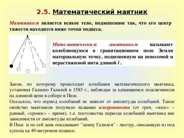2 . 5 . Математический маятник Маятником является всякое тело, подвешенное так, что его центр тяжести находится ниже точки подвеса. Математическим маятником называют колеблющуюся в гравитационном поле Земли материальную точку, подвешенную на невесомой и нерастяжимой нити длиной l  . Закон, по которому происходят колебания математического маятника, установил Галилео Галилей в 1583 г., наблюдая за качающимся подсвечником на длинной цепи в соборе в Пизе. Оказалось, что период колебаний не зависит от амплитуды колебаний .  Такое свойство маятников получило название изохронности  (от греч. «изос» – равный, «хронос» – время), т.е. постоянства периода колебаний маятника вне зависимости от амплитуды колебаний. В Пизе и по сей день показывают 