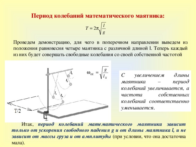 Период колебаний математического маятника : Проведем демонстрацию, для чего в поперечном направлении выведем из положения равновесия четыре маятника с различной длиной l. Теперь каждый из них будет совершать свободные колебания со своей собственной частотой С увеличением длины маятника – период колебаний увеличивается, а частота собственных колебаний соответственно уменьшается. Итак, период колебаний математического маятника зависит только от ускорения свободного падения g и от длины маятника l , и не зависит от массы груза и от амплитуды  (при условии, что она достаточна мала). 