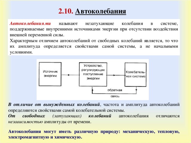 2.10. Автоколебания Автоколебаниями  называют незатухающие колебания в системе, поддерживаемые внутренними источниками энергии при отсутствии воздействия внешней переменной силы. Характерным отличием автоколебаний от свободных колебаний является, то что их амплитуда определяется свойствами самой системы, а не начальными условиями. В отличие от вынужденных колебаний , частота и амплитуда автоколебаний определяются свойствами самой колебательной системы. От свободных (затухающих) колебаний  автоколебания отличаются независимостью амплитуды от времени. Автоколебания могут иметь различную природу: механическую, тепловую, электромагнитную и химическую. 