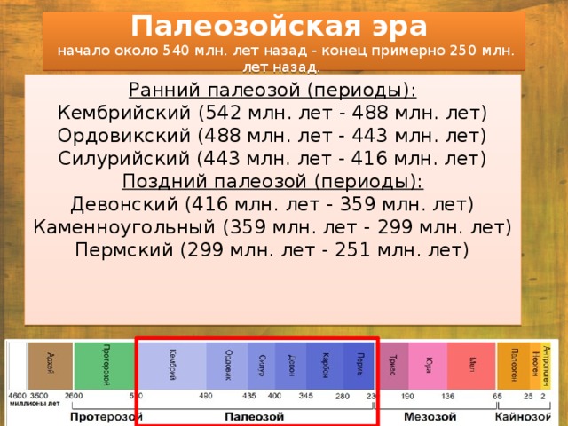 Палеозойская эра  начало около 540 млн. лет назад - конец примерно 250 млн. лет назад. Ранний палеозой (периоды):  Кембрийский (542 млн. лет - 488 млн. лет)  Ордовикский (488 млн. лет - 443 млн. лет)  Силурийский (443 млн. лет - 416 млн. лет)  Поздний палеозой (периоды):  Девонский (416 млн. лет - 359 млн. лет)  Каменноугольный (359 млн. лет - 299 млн. лет)  Пермский (299 млн. лет - 251 млн. лет) 
