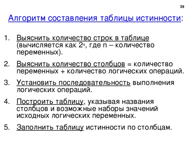 37 Алгоритм составления таблицы истинности : Выяснить количество строк в таблице (вычисляется как 2 n , где n – количество переменных). Выяснить количество столбцов = количество переменных + количество логических операций. Установить последовательность выполнения логических операций. Построить таблицу , указывая названия столбцов и возможные наборы значений исходных логических переменных. Заполнить таблицу истинности по столбцам. 