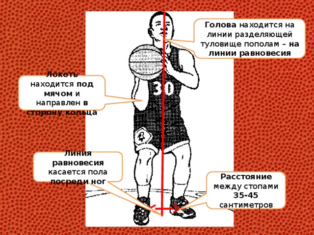 Голова находится на линии разделяющей туловище пополам – на линии равновесия Локоть находится под мячом и направлен в сторону кольца Линия равновесия касается пола посреди ног Расстояние между стопами 35-45 сантиметров 