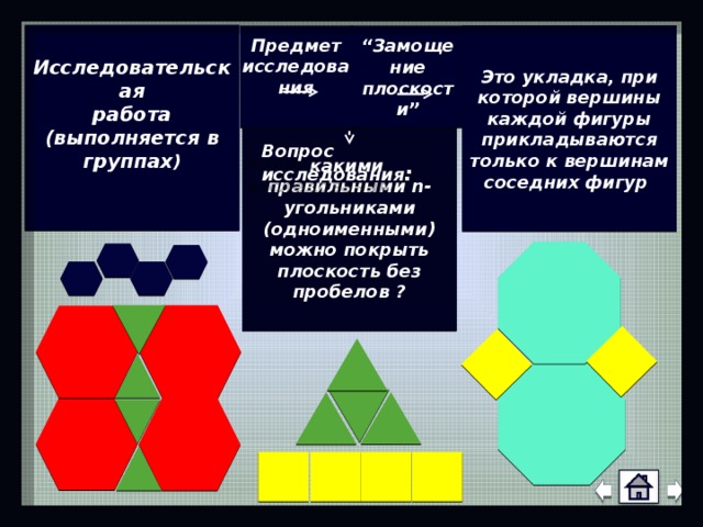 Исследовательская работа (выполняется в группах )  Это укладка, при которой вершины каждой фигуры прикладываются только к вершинам соседних фигур Предмет исследования “ Замощение плоскости” какими правильными n-угольниками (одноименными) можно покрыть плоскость без пробелов ? Вопрос исследования :  