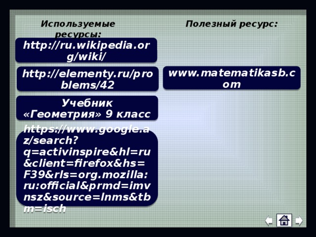 Используемые ресурсы: Полезный ресурс: http://ru.wikipedia.org/wiki/ www.matematikasb.com http://elementy.ru/problems/42 Учебник «Геометрия» 9 класс https://www.google.az/search?q=activinspire&hl=ru&client=firefox&hs=F39&rls=org.mozilla:ru:official&prmd=imvnsz&source=lnms&tbm=isch 