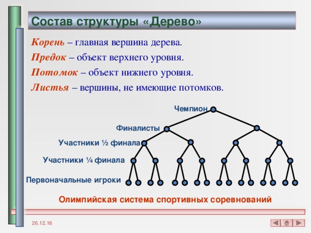 Состав структуры «Дерево» Корень  – главная вершина дерева. Предок  – объект верхнего уровня. Потомок  – объект нижнего уровня. Листья  – вершины, не имеющие потомков. Чемпион Финалисты Участники ½ финала Участники ¼ финала Первоначальные игроки Олимпийская система спортивных соревнований 26.12.16 
