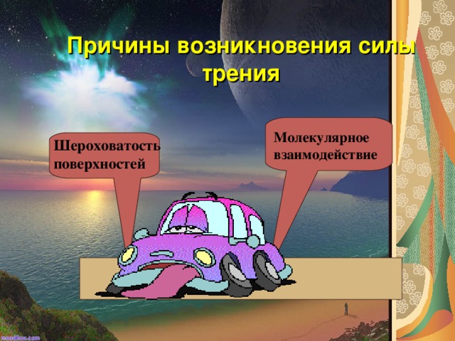 Условия возникновения силы трения Причины возникновения силы трения Молекулярное взаимодействие Шероховатость поверхностей 