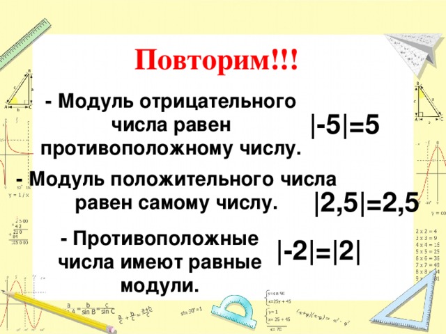 Повторим!!! - Модуль отрицательного числа равен противоположному числу. |-5|=5 - Модуль положительного числа равен самому числу. | 2, 5|= 2, 5  - Противоположные числа имеют равные модули. | -2 |=| 2 | 
