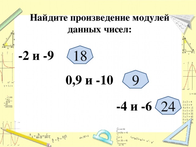 Найдите произведение модулей данных чисел: -2 и -9 18 0,9 и -10 9 -4 и -6 24 