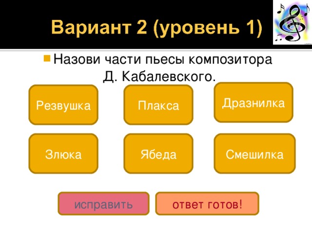 Назови части пьесы композитора  Д. Кабалевского. Дразнилка Резвушка Плакса Злюка Ябеда Смешилка исправить ответ готов! 