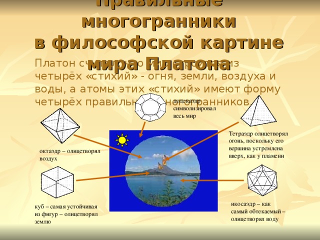Правильные многогранники  в философской картине мира Платона   Платон считал, что мир строится из четырёх «стихий» - огня, земли, воздуха и воды, а атомы этих «стихий» имеют форму четырёх правильных многогранников. додекаэдр символизировал весь мир Тетраэдр олицетворял огонь, поскольку его вершина устремлена вверх, как у пламени октаэдр – олицетворял воздух икосаэдр – как самый обтекаемый – олицетворял воду куб – самая устойчивая из фигур – олицетворял землю 