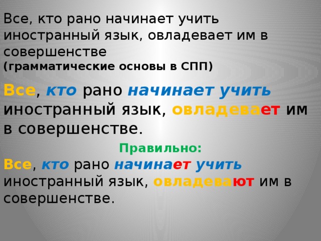Все, кто рано начинает учить иностранный язык, овладевает им в совершенстве   (грамматические основы в СПП)   Все , кто рано начинает учить иностранный язык, овладева ет им в совершенстве. Правильно: Все , кто рано начина ет учить иностранный язык, овладева ют им в совершенстве. 