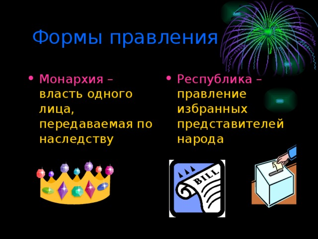 Формы правления Монархия – власть одного лица, передаваемая по наследству Республика – правление избранных представителей народа 