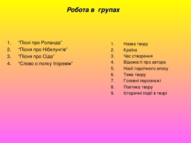 Робота в групах   “ Пісні про Роланда” “ Пісня про Нібелунгів” “ Пісня про Сіда” “ Слово о полку Ігоревім” Назва твору Країна Час створення Відомості про автора Носії героїчного епосу Тема твору Головні персонажі Поетика твору Історичні події в творі 