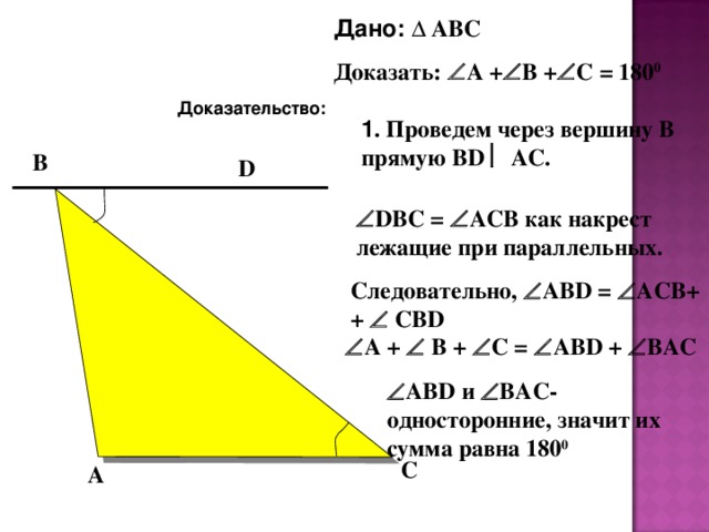 Дано: ∆ АВС Доказать:  А +  В +  С = 180 0 Доказательство: 1 . Проведем через вершину В прямую BD  АС. В D  DBC =  ACB как накрест лежащие при параллельных. Следовательно,  ABD =  АСВ+ +  СВ D  А +  В +  С =  ABD +  BAC  ABD и  BAC - односторонние, значит их сумма равна 180 0 С А 