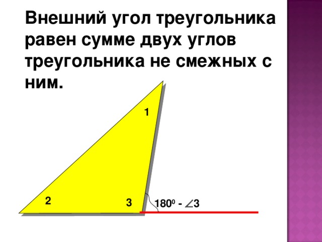 Внешний угол треугольника равен сумме двух углов треугольника не смежных с ним. 1 2 3 180 0 -  3 
