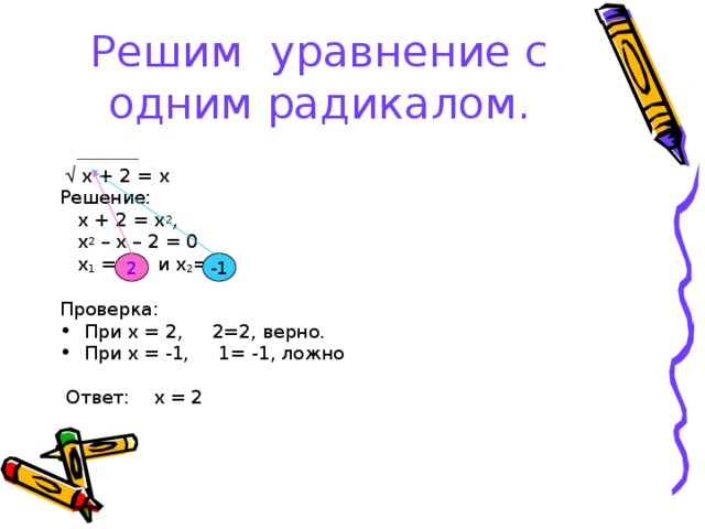 Решим уравнение с одним радикалом.  √  х + 2 = х Решение:  х + 2 = х 2 ,  х 2 – х – 2 = 0  х 1 = и х 2 = Проверка: При х = 2, 2=2, верно. При х = -1, 1= -1, ложно  Ответ: х = 2 -1 2 
