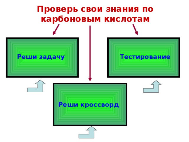 Проверь свои знания по карбоновым кислотам  Реши задачу Тестирование Реши кроссворд 