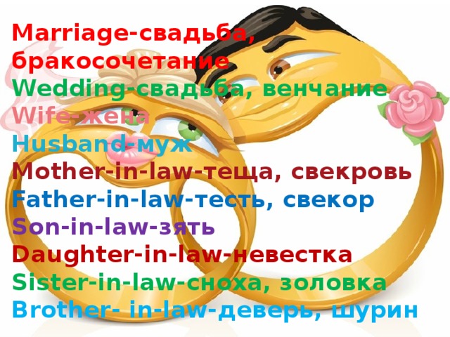 Marriage- свадьба, бракосочетание  Wedding- свадьба, венчание  Wife -жена  Husband- муж  Mother-in-law- теща, свекровь  Father-in-law- тесть, свекор  Son-in-law- зять  Daughter-in-law- невестка  Sister-in-law- сноха, золовка  Brother- in-law- деверь, шурин 