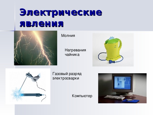 Электрические явления Молния Нагревания чайника Газовый разряд электросварки Компьютер 