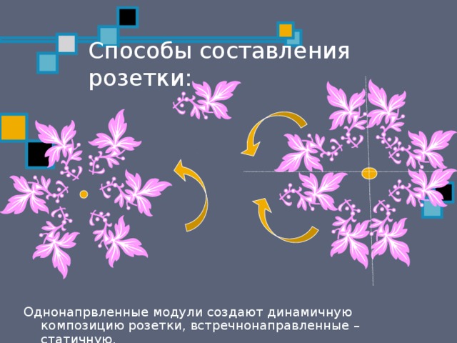 Способы составления розетки: Однонапрвленные модули создают динамичную композицию розетки, встречнонаправленные – статичную. 