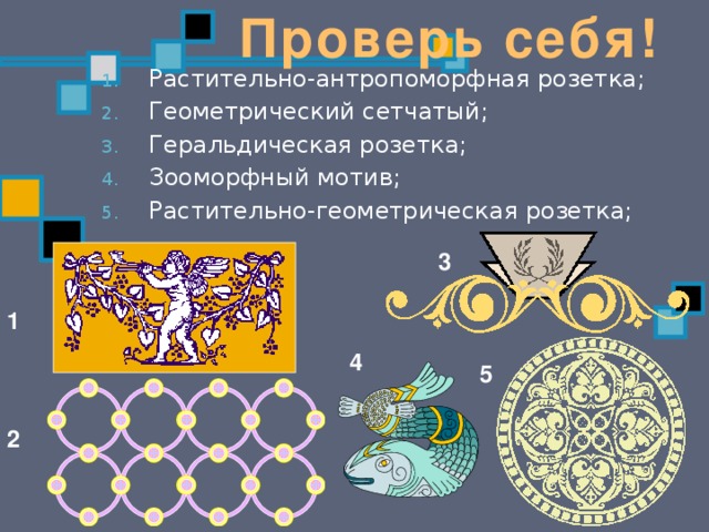 Проверь себя! Растительно-антропоморфная розетка; Геометрический сетчатый; Геральдическая розетка; Зооморфный мотив; Растительно-геометрическая розетка; 3 1 4 5 2 