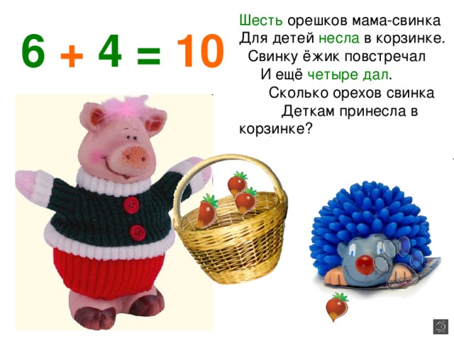 Шесть орешков мама-свинка Для детей несла в корзинке. Свинку ёжик повстречал И ещё четыре дал . Сколько орехов свинка Деткам принесла в корзинке? 6 + 4 = 10 