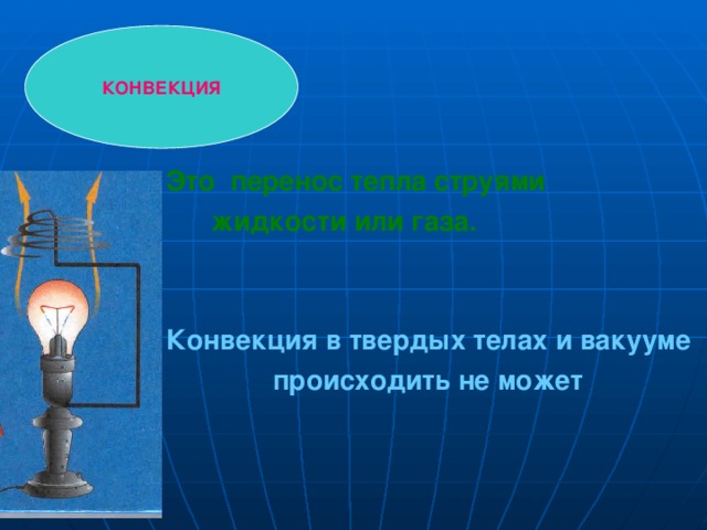 КОНВЕКЦИЯ Это перенос тепла струями  жидкости или газа.   Конвекция в твердых телах и вакууме  происходить не может  