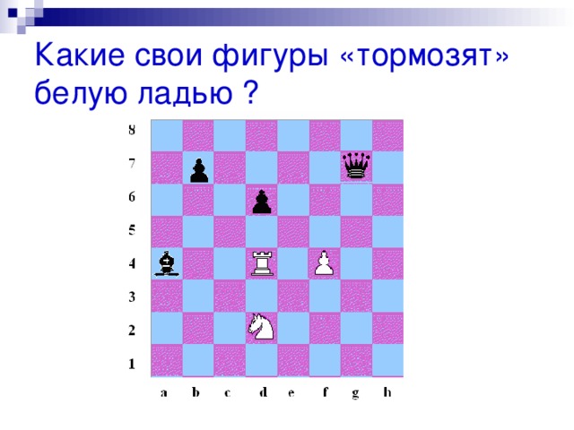 Какие свои фигуры «тормозят» белую ладью ? 