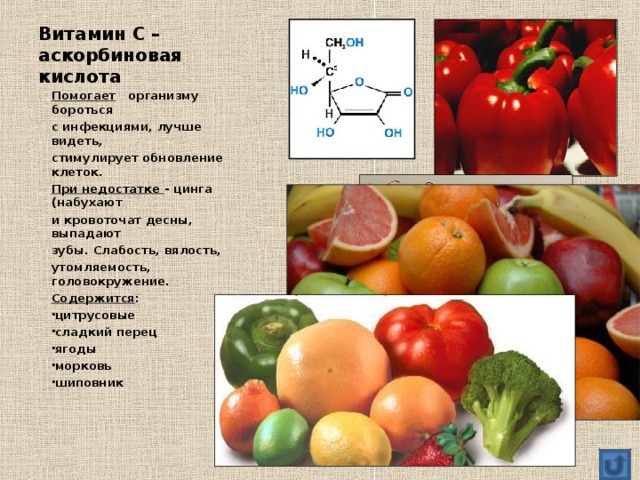 Витамин С – аскорбиновая кислота Помогает организму бороться с инфекциями, лучше видеть, стимулирует обновление клеток. При недостатке - цинга (набухают и кровоточат десны, выпадают зубы. Слабость, вялость, утомляемость, головокружение. Содержится : цитрусовые сладкий перец ягоды морковь шиповник   