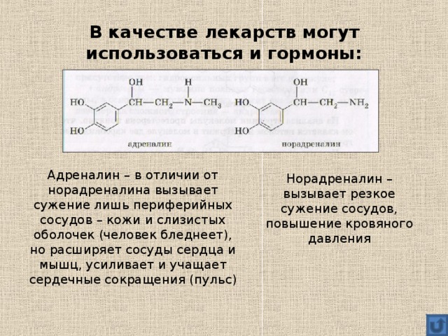  В качестве лекарств могут использоваться и гормоны:   Адреналин – в отличии от норадреналина вызывает сужение лишь периферийных сосудов – кожи и слизистых оболочек (человек бледнеет), но расширяет сосуды сердца и мышц, усиливает и учащает сердечные сокращения (пульс) Норадреналин – вызывает резкое сужение сосудов, повышение кровяного давления 