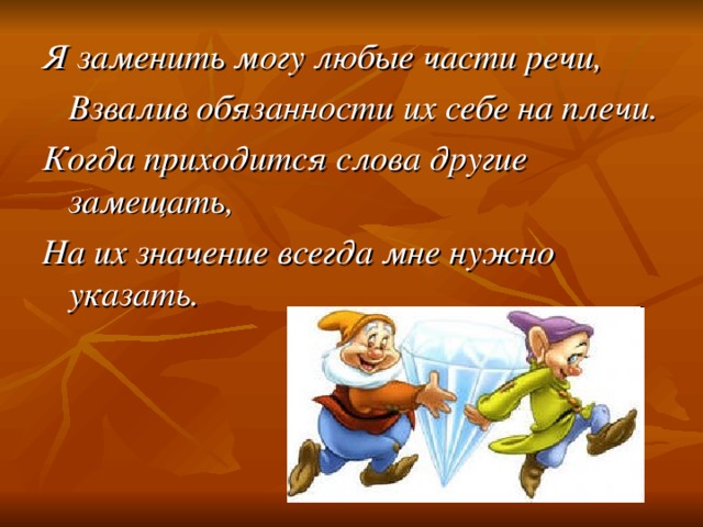 Я заменить могу любые части речи,  Взвалив обязанности их себе на плечи. Когда приходится слова другие замещать, На их значение всегда мне нужно указать. 