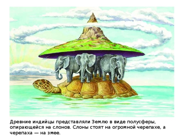 Древние индийцы представляли Землю в виде полусферы, опирающейся на слонов. Слоны стоят на огромной черепахе, а черепаха — на змее. 