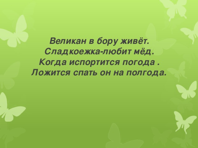         Великан в бору живёт.  Сладкоежка-любит мёд.  Когда испортится погода .  Ложится спать он на полгода.   