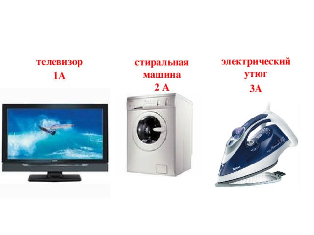 электрический утюг 3А телевизор 1А стиральная машина 2 А 