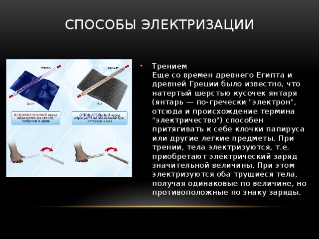 Способы Электризации   Трением  Еще со времен древнего Египта и древней Греции было известно, что натертый шерстью кусочек янтаря (янтарь — по-гречески 
