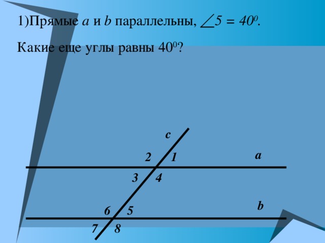 Прямые а и b  параллельны, 5 = 40 0 .  Какие еще углы равны 40 0 ? с а 2 1 4 3 b 5 6 8 7 