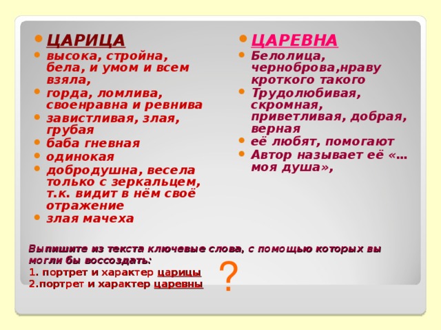ЦАРЕВНА Белолица, черноброва,нраву кроткого такого Трудолюбивая, скромная, приветливая, добрая, верная её любят, помогают Автор называет её «…моя душа»,  ЦАРИЦА высока, стройна, бела, и умом и всем взяла, горда, ломлива, своенравна и ревнива завистливая, злая, грубая баба гневная одинокая добродушна, весела только с зеркальцем, т.к. видит в нём своё отражение злая мачеха Выпишите из текста ключевые слова, с помощью которых вы могли бы воссоздать:  1. портрет и характер царицы  2.портрет и характер царевны ? 