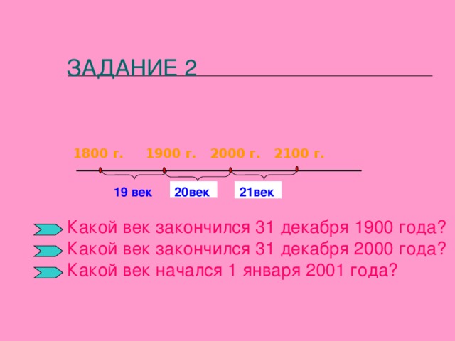  ЗАДАНИЕ 2   1800 г. 1900 г. 2000 г. 2100 г. 20 век 21век  19 век   - Какой век закончился 31 декабря 1900 года?  -  Какой век закончился 31 декабря 2000 года?  - Какой век начался 1 января 2001 года?   