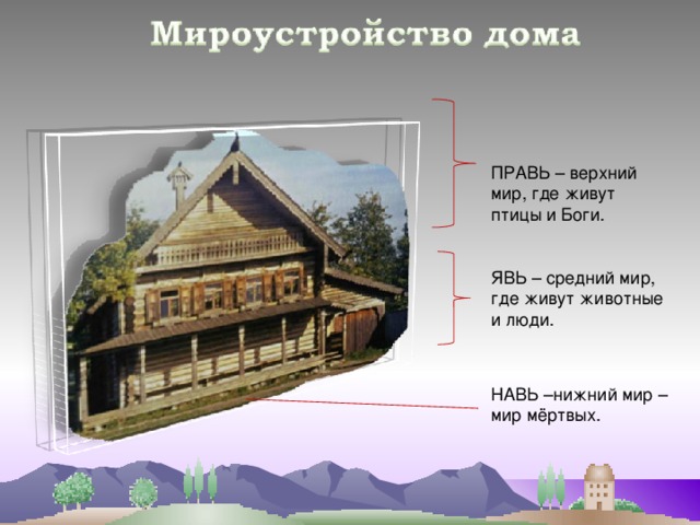 ПРАВЬ – верхний мир, где живут птицы и Боги. ЯВЬ – средний мир, где живут животные и люди. НАВЬ –нижний мир – мир мёртвых. 