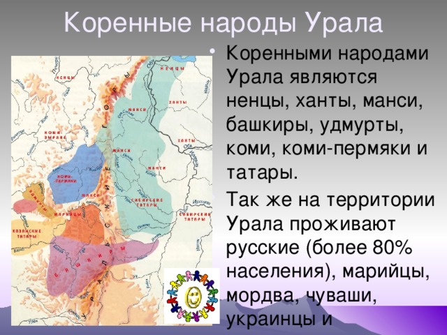 Коренные народы Урала Коренными народами Урала являются ненцы, ханты, манси, башкиры, удмурты, коми, коми-пермяки и татары. Так же на территории Урала проживают русские (более 80% населения), марийцы, мордва, чуваши, украинцы и др.народы. 