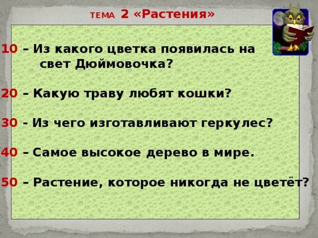 ТЕМА 2 «Растения» 10 – Из какого цветка появилась на  свет Дюймовочка?  20 – Какую траву любят кошки?  30 - Из чего изготавливают геркулес?  40 – Самое высокое дерево в мире.  50 – Растение, которое никогда не цветёт?    