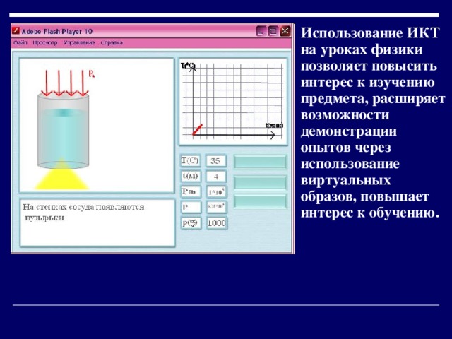  Использование ИКТ на уроках физики позволяет повысить интерес к изучению предмета, расширяет возможности демонстрации опытов через использование виртуальных образов, повышает интерес к обучению.  