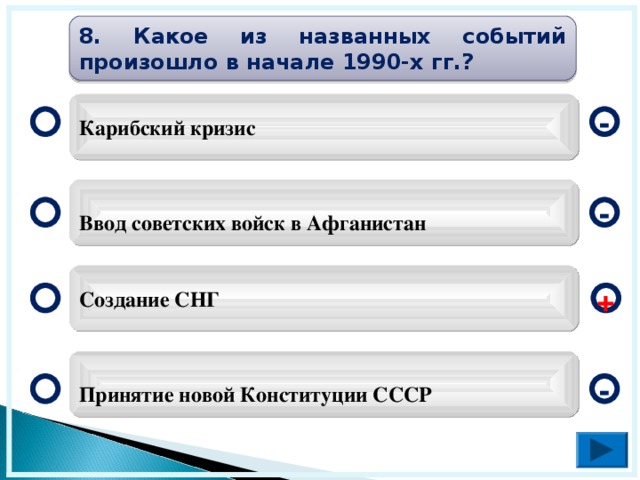 8. Какое из названных событий произошло в начале 1990-х гг.? Карибский кризис -  Ввод советских войск в Афганистан - Создание СНГ +  Принятие новой Конституции СССР -  