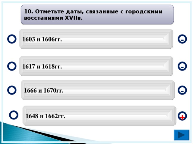 10. Отметьте даты, связанные с городскими восстаниями XVII в. 1603 и 1606гг. - 1617 и 1618гг. - 1666 и 1670гг. - 1648 и 1662гг. +  