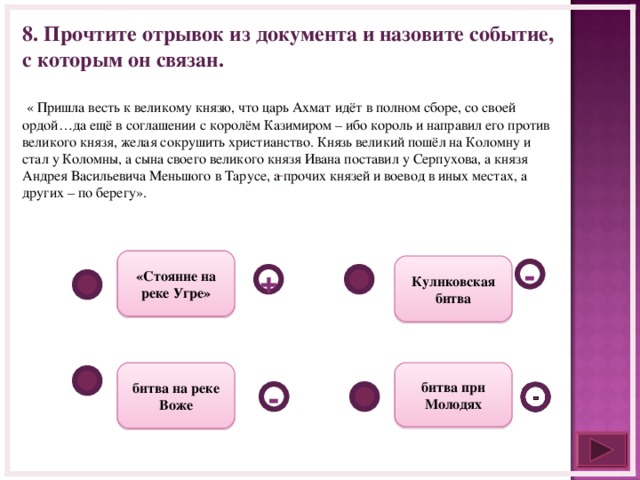 8. Прочтите отрывок из документа и назовите событие, с которым он связан.   « Пришла весть к великому князю, что царь Ахмат идёт в полном сборе, со своей ордой…да ещё в соглашении с королём Казимиром – ибо король и направил его против великого князя, желая сокрушить христианство. Князь великий пошёл на Коломну и стал у Коломны, а сына своего великого князя Ивана поставил у Серпухова, а князя Андрея Васильевича Меньшого в Тарусе, а прочих князей и воевод в иных местах, а других – по берегу».    «Стояние на реке Угре» Куликовская битва - + битва на реке Воже битва при Молодях -  