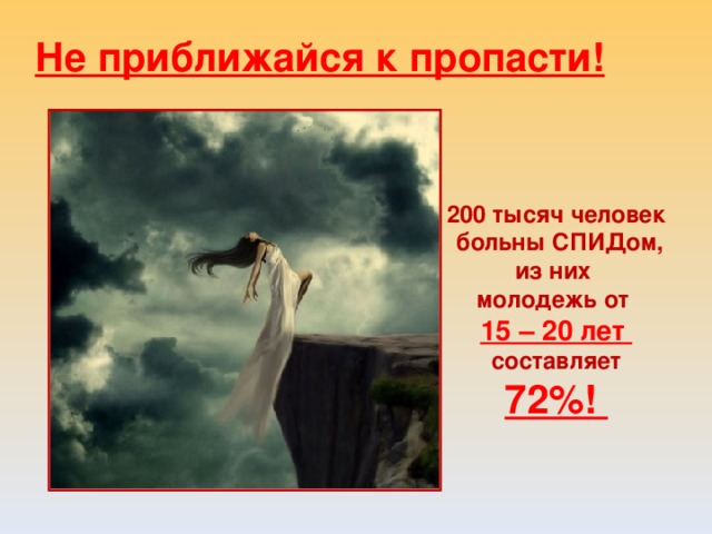 Не приближайся к пропасти! 200 тысяч человек больны СПИДом, из них молодежь от 15 – 20 лет составляет 72%! 